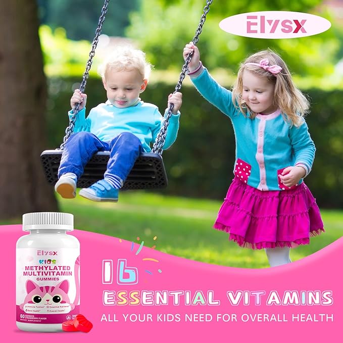Methylated Multivitamin Chewable for Kids Gummies, MTHFR Supplement with L Methylfolate, Magnesium, Biotin, Choline, Inositol, DHA, TMG & CoQ 10, Immune & Brain Support, Strawberry Flavor, 60 Ct