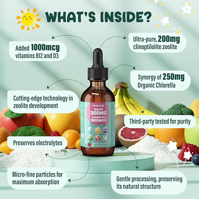 Zeolite Drops for Kids and Adults, 200mg Zeolite Liquid Drops with 1000mcg Vitamin B12, Organic Chlorella, 10 Billion CFU & Prebiotics for Gut Support & Speech, Immune, Bone, Energy*, Berry, 60ML