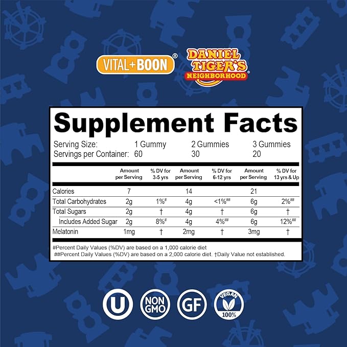 Daniel Tiger - Kids Melatonin Gummies for Children Ages 3 & Up (60 Count) Sleep Gummies for Kids Supports Natural Sleep Non Habit Forming - Vegan, Non GMO Gluten Free Gummy