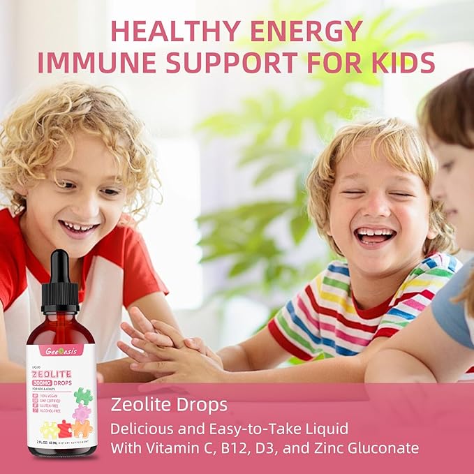 Zeolite Detox for Kids & Adults, 300 mg Zeolite Clinoptilolite Liquid with Vitamin B12 & D3, Vitamin C & Zinc Gluconate, Immune Support & Gut Health, Natural Strawberry Flavor, 2 Fl Oz