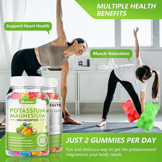 Potassium Magnesium Supplement Gummies for Adults Kids, Sugar-Free Potassium Gummies Supports Leg Cramps & Muscle & Immune Health, High Absorption Vegan Magnesium Gummies 5 Fruit Flavor 60 Cts