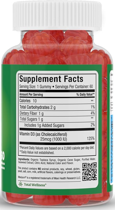Maxi Health Kosher Vitamin D Gummies 1000 IU (25 mcg) - Vegan, Gluten-Free - Supports Bone, Teeth, Immune Health - for Adults & Kids - Promotes Calcium Absorption - Kosher Gummies for Women & Men