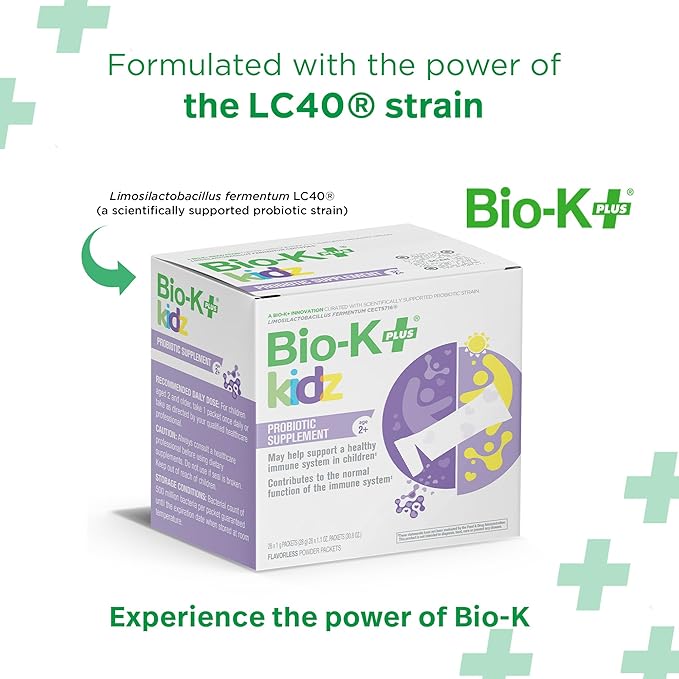 Bio K+ Daily Probiotic for Kids, Probiotic Powder with Limosilactobacillus fermentum LC40® and Vitamin D3, Shelf-Stable, Non GMO, Gluten Free - 28 Single-Serve Packets