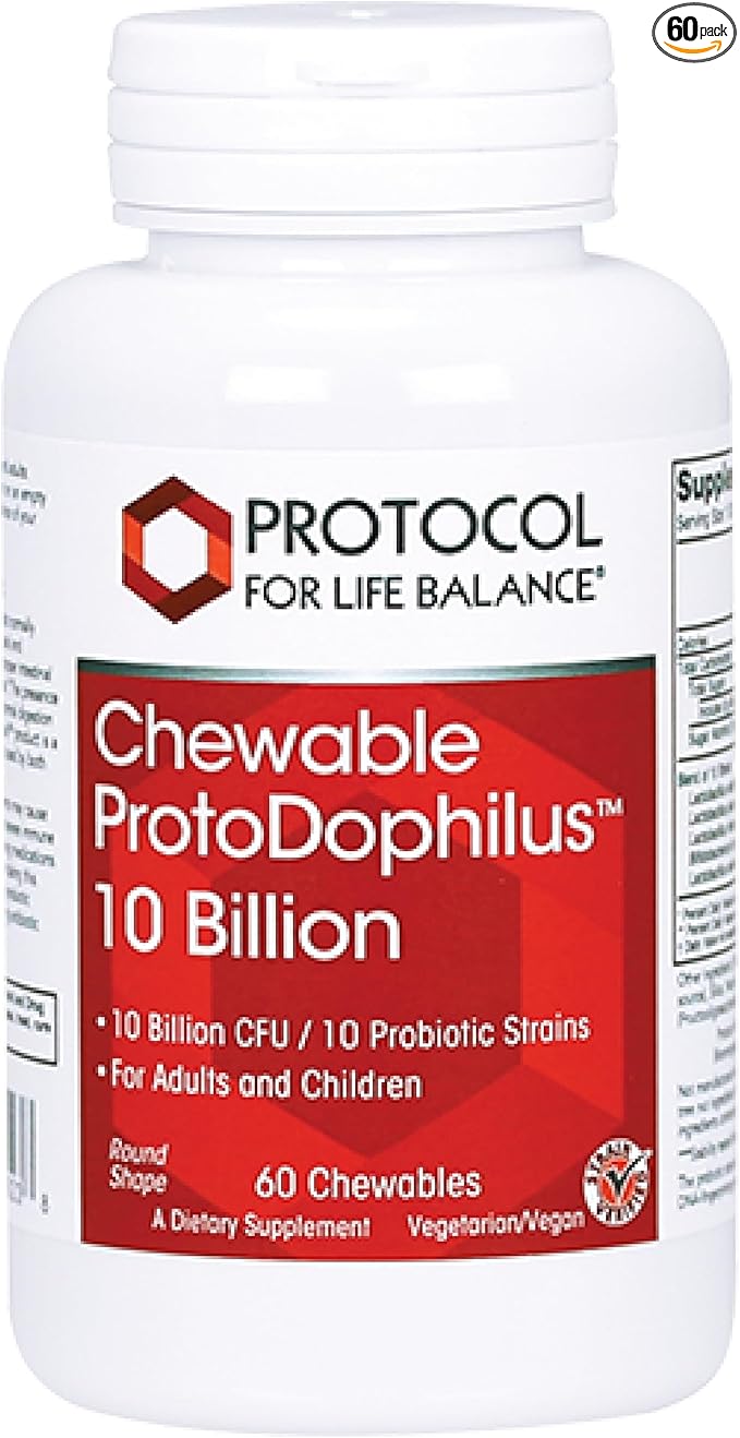 Protocol Chewable Protodophilus - 10 Billion CFU Probiotic - Chewable Tablet for Adults & Kids - for Digestive Health, Detox & Cleanse* - Vegan & Halal - 60 Chewables