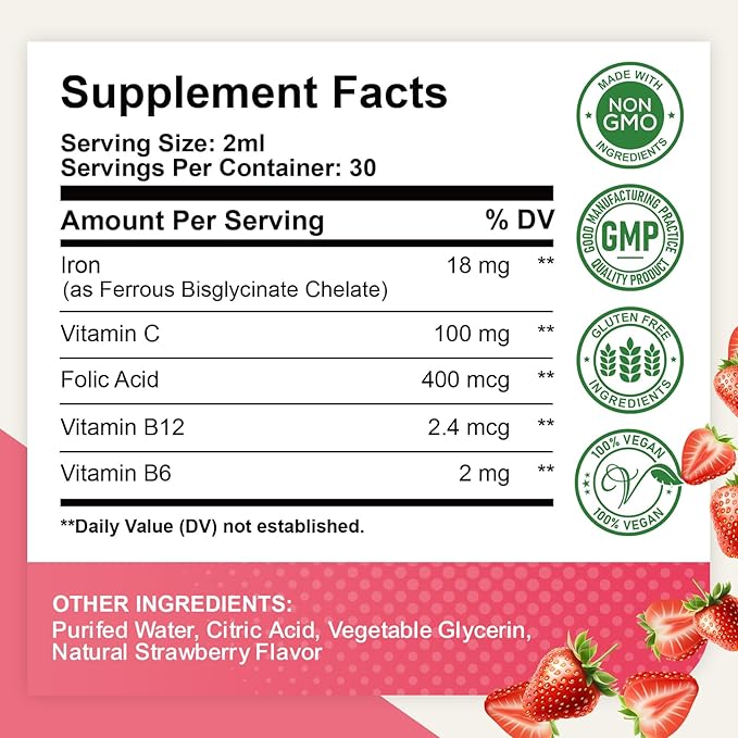 Liquid Iron Supplement for Women, Men & Kids, Liquid Iron Drops with Folate, Vitamin C, B6, B12 for Anemia, Red Blood Cell, Energy Support, Strawberry Flavor, 2 Fl Oz