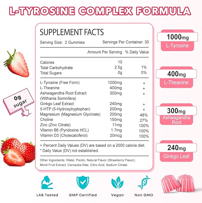 10 in 1 L Tyrosine Gummies, L-Tyrosine Supplement, L-Theanine Gummies with Vitamin B6 D3, Tyrosine Supplement Support Cognitive, Memory, Energy, Mood for Adult & Kids, Strawberry Flavor, 60 Ct