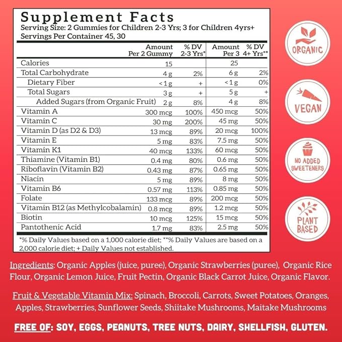 Llama Naturals Real Fruit Multivitamin Gummies | Kids & Women's Whole Food-Based Vitamins | No Added Cane Sugar | Organic, Vegan, Chewable | 90 ct & 120 ct | Strawberry