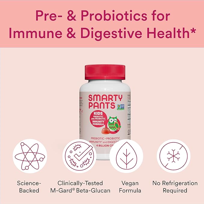 SmartyPants Kids Probiotic & Prebiotic Gummies for Digestive Health: 6 Billion CFU Gut Health Supplement, Clinically Studied Prebiotic for Immune Support, Strawberry, 60 Count (30 Day Supply)