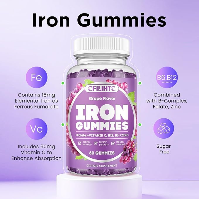 Iron Supplement for Women & Men - Iron Gummies with Vitamin B6, B12, C, Zinc, Folate for Adults & Kids - Support Iron Deficiency, Anemia, Energy Boost, Blood Builder - Sugar Free Vegan 60ct Grape