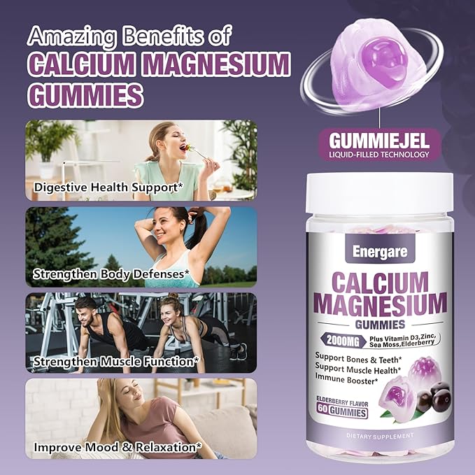1 Pack Calcium Magnesium Zinc Gummies with Vitamin D3, Sea Moss, Calcium Gummies for Bone, Muscles, Calm Mood Support, Supplements for Kids & Adults, Elderberry Flavor, 60ct