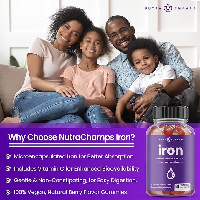 NutraChamps Iron Gummies with Vitamin C, 20mg Iron Gummies for All, Blood Cell Formation Support, 60 Gummies, Vegan Iron Gummy for Iron Deficiency & Anemia, Energy, Focus, Immune Boost