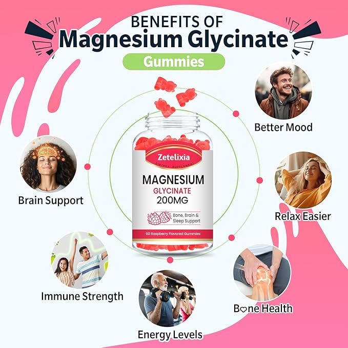 Magnesium Glycinate Gummies, High Absorption Magnesium Glycinate Supplements for Relaxation, Magnesium Chews for Adults and Kids, Raspberry Flavor 60 Count