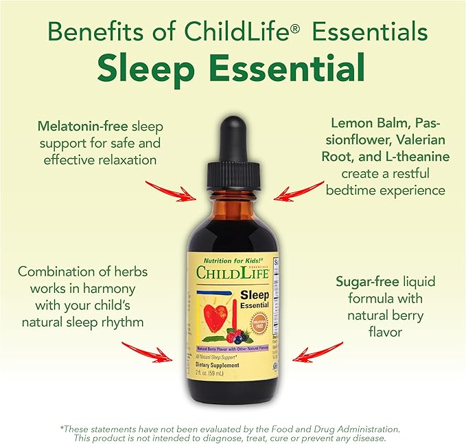 CHILDLIFE ESSENTIALS Sleep Essential - Melatonin-Free Sleep Aid for Kids, Natural Sleep Drops for Children 3+ with Passionflower & Valerian Root, Berry Flavor, 2 Fl Oz