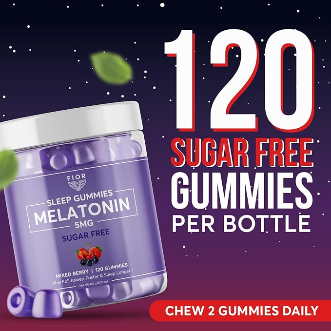 FIOR Sugar Free 120-Count Sleep Aid & Calm Gummies, Melatonin Gummies Sleep Aids for Adults & Kids. Gummy Vitamins for Sleep. Adults & Kids Melatonin & L-Theanine Gummies Natural Herbal Sleep Aid.