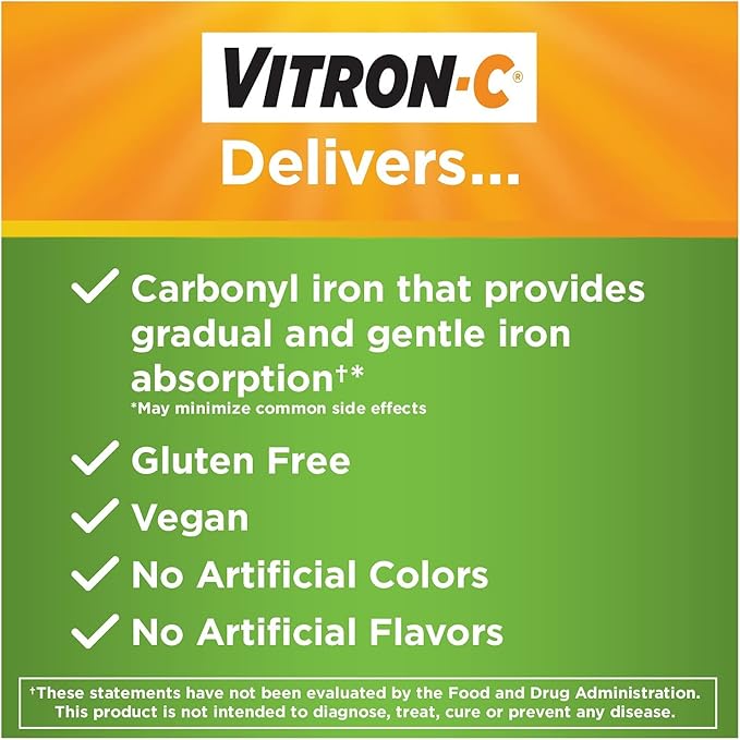 Vitron-C High Potency Iron Dietary Supplement Plus Vitamin C, 60 Coated Tablets (Pack of 3)
