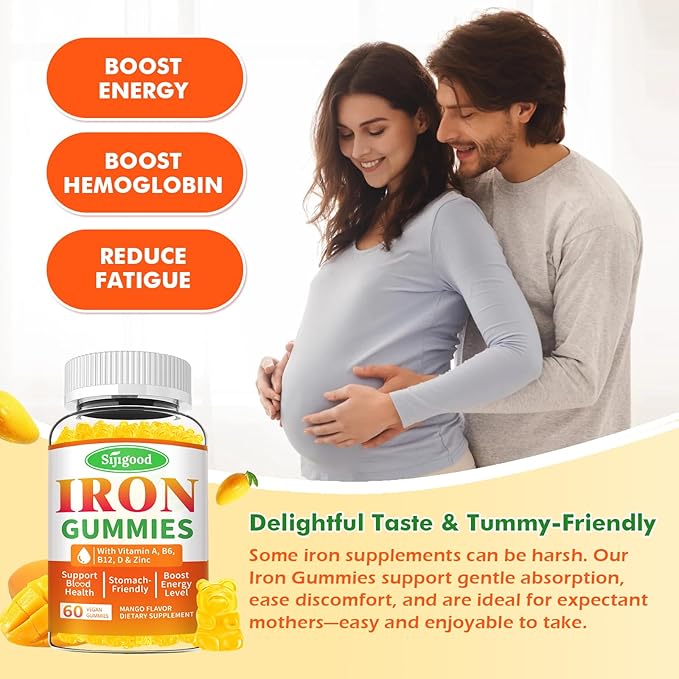 Iron Gummies for Women & Men - Vegan Iron Supplement for Anemia & Iron Deficiency, with Vitamin B12, Vitamin C, Zinc, Folate - Energy Boost, Sugar-Free, Mango Flavor, 60 Count