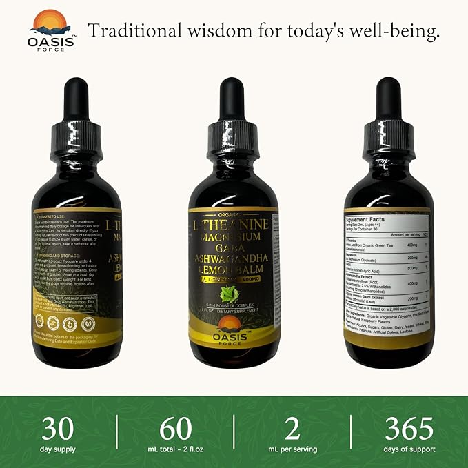 Oasisforce L Theanine 400mg Liquid Drops, L-Theanine Supplement for Adults & Kids with GABA, Magnesium & Ashwagandha, Natural Sleep, Focus & Relaxation Support, Vegan, Alcohol-Free, Non-GMO, 2 FL OZ