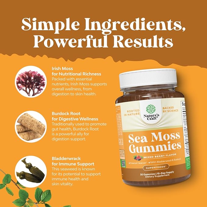 Natures Craft Sea Moss Gummies for Adults and Kids - Vegan Adult and Kids Immune Support Gummies with Burdock Bladderwrack Sea Moss Gel - Delicious Berry Flavor Supplement Men Women Children 30ct