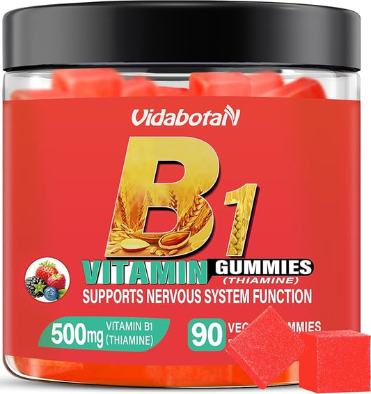Sugar Free Vitamin B1 Gummies 500mg- Thiamine B1 Supplement for Adults & Kids- Natural Mixed Berries Flavor, Vegan, 90 chewable Gummies