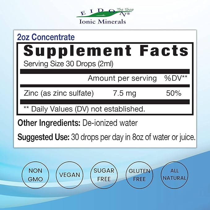 Eidon Ionic Minerals Liquid Zinc Concentrate - Ionic Zinc Supplement Drops for Adults and Kids, Support Immune System, Hair and Skin, Liver and Kidney Health - 2 oz, 2 Pack