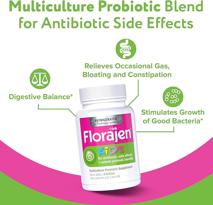 Florajen Kids Probiotics, Daily Gut Health & Immune Support Supplement, Constipation and Bloating Relief, 60 Capsules (Refrigerated)