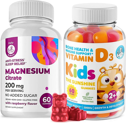 Vitamin D Gummies for Kids&Adults 2000 IU and Magnesium Gummies - Healthy Vitamin D3 Supplements 1000IU - Vegetarian Gelatin-Free Immune Support with Sugar-Free Magnesium Calm Chews for Kids&Adults