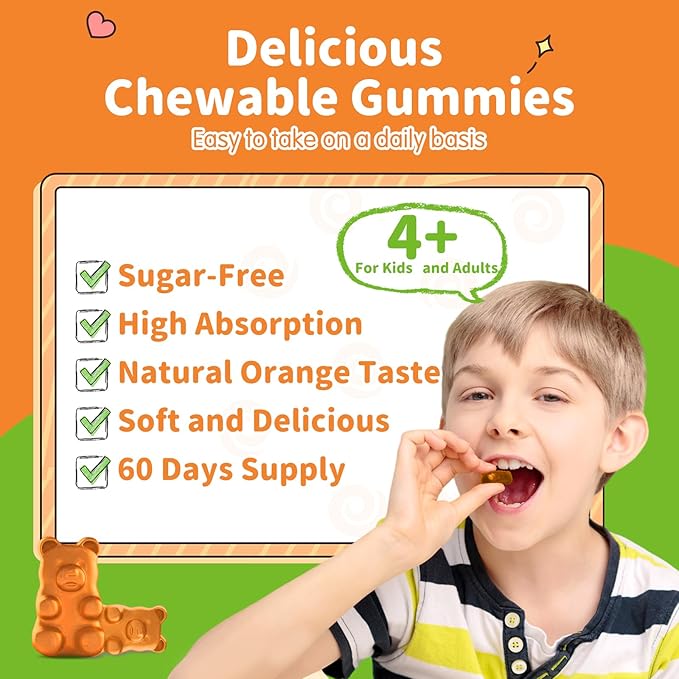 Magnesium Gummies for Kids - Magnesium Glycinate Gummies Supplement with L-Theanine, Vitamin B6, D3 for Adults & Kids, Calm Magnesium for Sleep, Relaxation, Brain, Bones, Sugar Free Orange 60ct