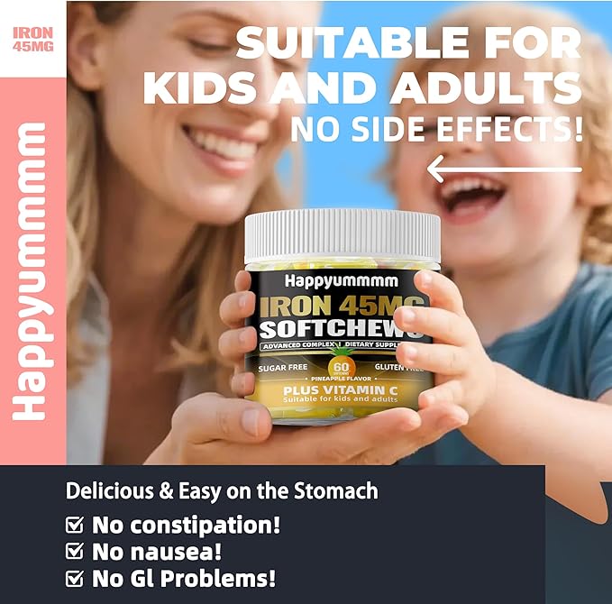 Iron Soft Chews Supplement with Vitamin C | Pineapple Flavored | Gluten Free | Iron Supplement for Women Men and Kids | 60 Count | 2 Month Supply