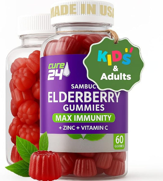 Sambucus Elderberry Gummies + Vitamin C + Zinc for Kids & Adults, X3 Immune Support, Natural Flavors + Ingredients, Vegan, Non-GMO, Made in USA (60)