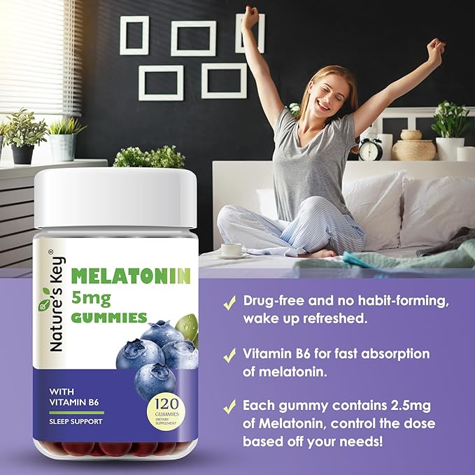 Nature's Key Melatonin Gummies for Kids & Adults, 2.5mg 5mg or 10mg Dose Gummy with Vitamin B6, Natural Blueberry Flavor 120 Ct