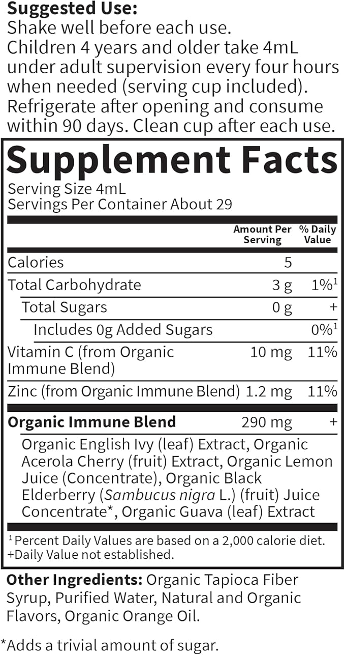 Garden of Life Organics Elderberry & Zinc for Children's Immune Support, Kids Cough & Mucus Immune Syrup with Ivy Leaf, Vitamin C and Echinacea, Alcohol-Free, No Added Sugars, 3.92 fl oz