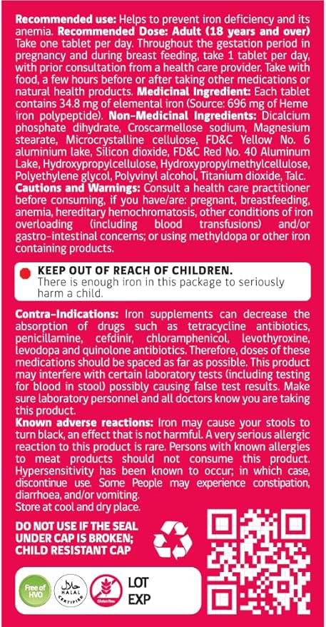 Hemeboost Forte 34.8 mg (696 mg Heme Iron) I 30 Tablets I High Potency Natural Iron Supplement I High Absorption & Gentle on Stomach I Iron Pills for Adults & Safe for Use in Pregnancy