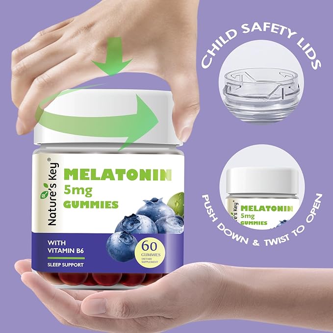 Nature's Key Melatonin Gummies for Kids & Adults, 5mg Dose Gummy with Vitamin B6, Non-GMO,Gluten-Free-Natural Blueberry Flavor 60 Count
