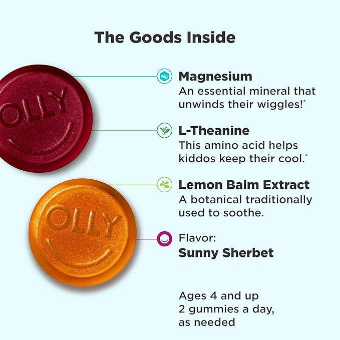 OLLY Kids Chillax, Magnesium Gummies Plus L-Theanine, Lemon Balm & Hello Happy Gummy Worms, Mood Balance Support, Vitamin D, Saffron, Adult Chewable Supplement, Tropical Zing - 60 Count