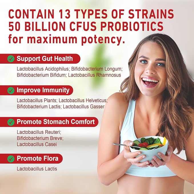 Sugar Free Probiotics Gummies for Adults & Kids 4+, Probiotics 13 Strains 50 Billion CFUs w/Acacia Prebiotics + Vitamin B1, B2, D3 & Zinc, for Digestive & Gut Health, Immunity, Vegan Chewable,120 Cts