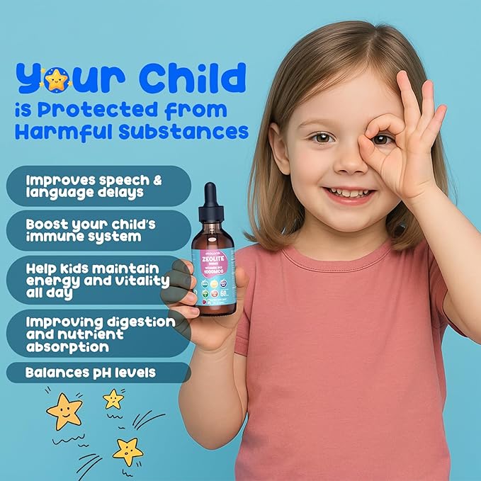 Zeolite Detox for Kids & Adults, Zeolite Liquid Drops with 300mg Chlorella, 200mg Curcumin, Vitamin Blend and Probiotic for Speech & Brain Health, Immune, Digestive, Energy, Berry Flavor, 60ML
