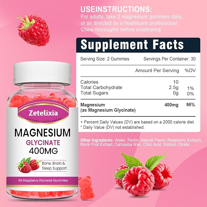 2 Pack Magnesium Glycinate Gummies, High Absorption Magnesium Glycinate Supplements for Relaxation, Sugar Free Chews for Adults & Kids, Relax Mood, Raspberry Flavor, 120 Count
