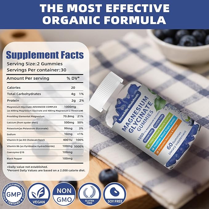 Magnesium Glycinate Gummies 1000mg - Sugar Free Magnesium Potassium Supplement for Relaxation, Calm, Stress Relief, and Sleep Support for Adults & Kids - 60 Blueberry Gummies