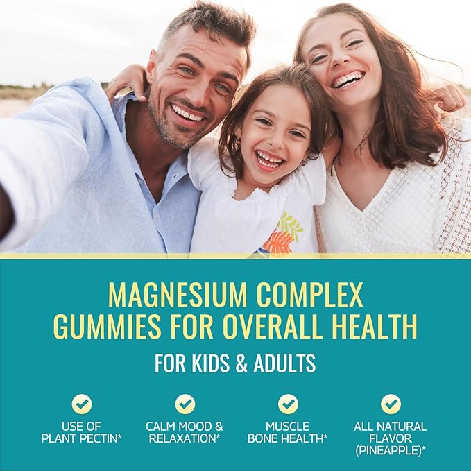 Magnesium Complex Gummies- Calm Chewable Gummies for Kids & Adults- Magnesium Glycinate, Taurate, Citrate, Malate, Supplement-Support Calm Stress Relief, Bone, Muscle, Mood Vegan, 60 Gummies