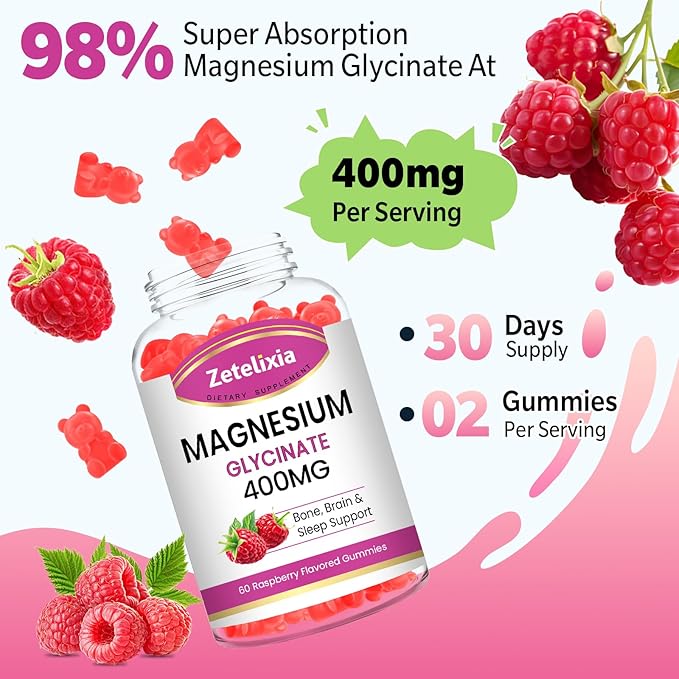 Magnesium Glycinate Gummies, High Absorption Magnesium Glycinate Supplements for Relaxation, Sugar Free Chews for Adults & Kids, Raspberry Flavor 60 Cts