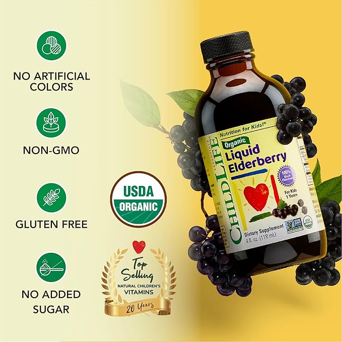 CHILDLIFE Essentials Organic Elderberry Syrup for Kids - Liquid Elderberry for Toddlers, Elderberry Extract Drops, Tincture for Babies, Toddlers, Children - 4 Fl Oz
