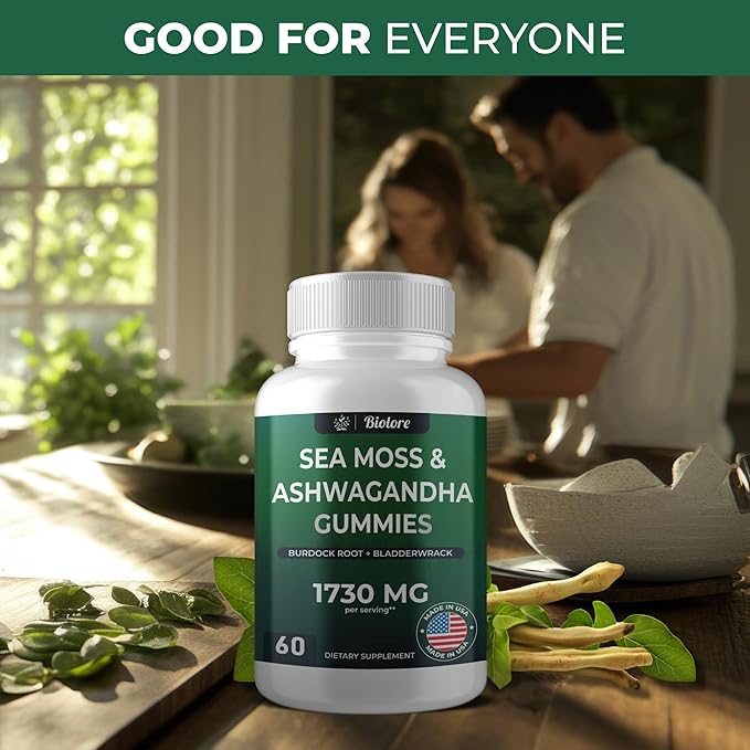 Sea Moss Gummies with Ashwagandha, Irish Sea Moss, Burdock Root, Bladderwrack - Gummies for Adults, Kids, Men, Women - Vegan, Gluten-Free