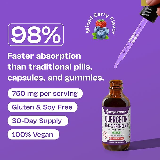 Quercetin with Bromelain & Zinc Liquid Drops - Immune Support for Adults & Kids | Ultra-Concentrated Bioflavonoids | Immune Defense | Cellular Health | Vegan | Non-GMO | Gluten Free | 2 Fl Oz