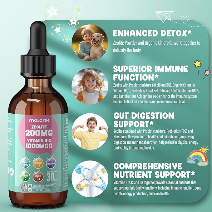 Zeolite Drops for Kids and Adults, 200mg Zeolite Liquid Drops with 1000mcg Vitamin B12, Organic Chlorella, 10 billion CFU & Prebiotics for Gut Support & Speech, Immune, Bone, Energy*, Strawberry, 60ML