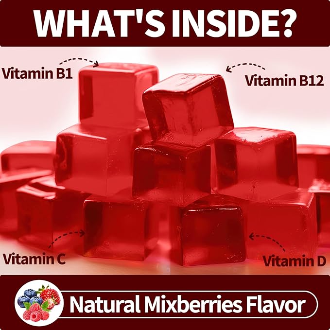 Thiamine Vitamin B1 Gummies - 500g Vegan Sugar Free Thiamine Supplement, with Natural Mixed Berries Flavor for Adults & Kids (60 Counts)