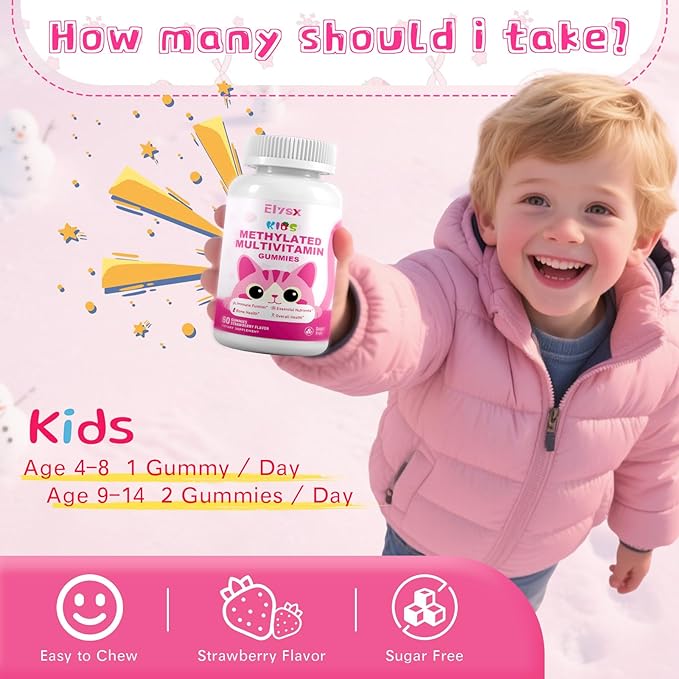 Methylated Multivitamin Chewable for Kids Gummies, MTHFR Supplement with L Methylfolate, Magnesium, Biotin, Choline, Inositol, DHA, TMG & CoQ 10, Immune & Brain Support, Strawberry Flavor, 60 Ct
