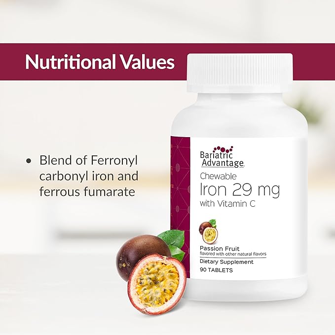 Bariatric Advantage Chewable Iron 29 mg - for Bariatric Surgery Patients - Iron with Vitamin C - No Iron Taste - Ferrous Fumarate & Carbonyl Iron Supplement - Passion Fruit - 90 Count