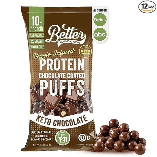 Better Than Good Chocolate Protein Puffs – Keto, Gluten-Free, Low-Calorie (12-Pack) | 10g Protein, Low Carb, Vegan, Healthy all time Snack for Diabetics & Kids