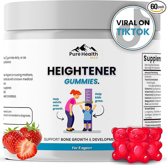 Heightener Gummies - Natural Height Growth Supplement for Kids, Teens and Adults to Increase Bone Strength and Grow Taller | Height Maximizer Pills with L-Arginine, Calcium & Zinc | 60 Gummy