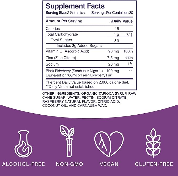 Elderberry Gummies for Adults and Kids - Vitamin C and Zinc – Immune Support - Non-GMO, Vegan, Gluten-Free, Gelatin-Free - 60ct, 100mg